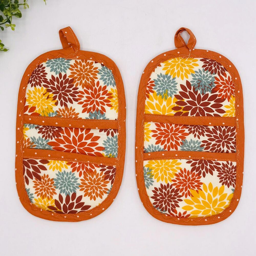 Set of 2 Finger Hotpad Potholders Fall Dahlias Orange, 2 Piece Baking Set